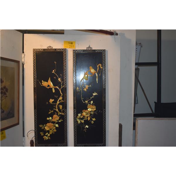PAIR CHINESE INLAID MOTHER OF PEARL BIRD & FLOWER HANGING WALL PANELS (PAIR) (36" X 12" EA.)