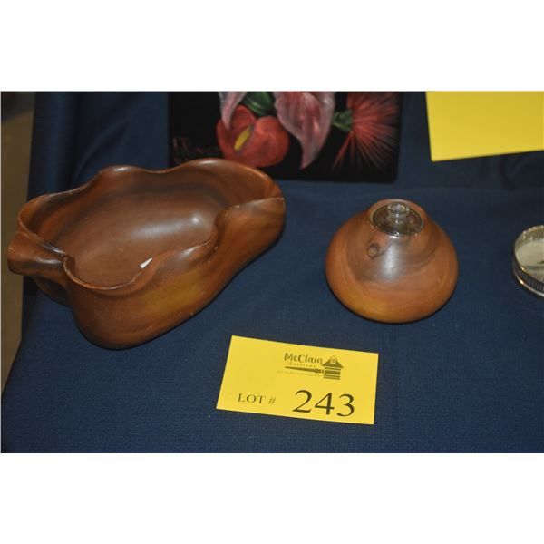 BLAIR MONKEYPOD LEAF BOWL & MILO WOOD OIL LAMP; SIGNED S. DOUGHTIE, 11/96 (2 PCS)
