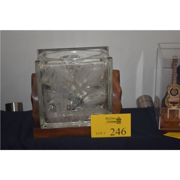 MID CENTURY HAWAIIAN ACID ETCHED BAMBOO GLASS BLOCK VASE W/MONKEYPOD BASE (9 1/2" X 9")