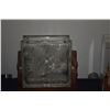 Image 2 : MID CENTURY HAWAIIAN ACID ETCHED BAMBOO GLASS BLOCK VASE W/MONKEYPOD BASE (9 1/2" X 9")