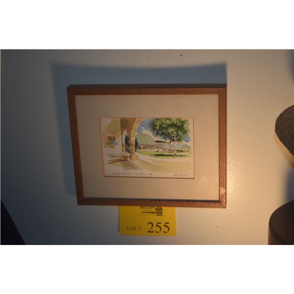 FRAMED LITHOGRAPHIC PRINT, BISHOP MUSEUM, HONOLULU, 1978; SIGNED ALEC BAIRD (10 3/4" X 8 3/4")