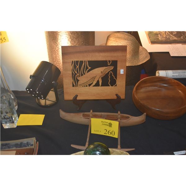 VINTAGE HAND CARVED WOODEN OUTRIGGER CANOE MODEL, LASER CUT WOOD HUMPBACK WHALE SCULPTURE & MONKEYPO