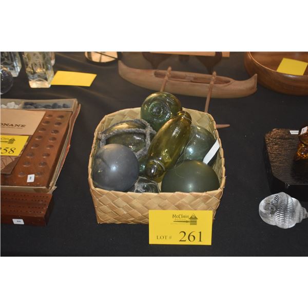 COLLECTION OF GLASS FISHING FLOATS (7 PCS) (DOES NOT INCLUDE BASKET)
