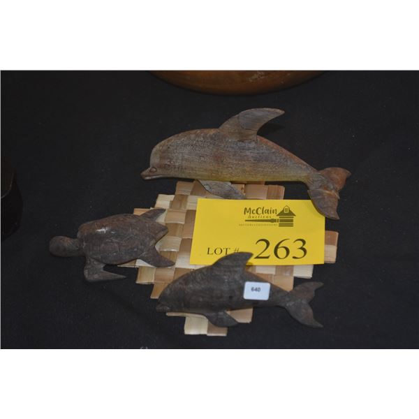 CARVED WOOD DOLPHINS & TURTLE (3 PCS)