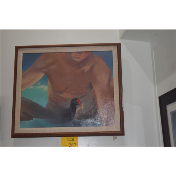 KOA FRAMED SHIGE YAMADA PAINTING, "MAUI RELEASING THE ALAE"; SIGNED (28" X 24")