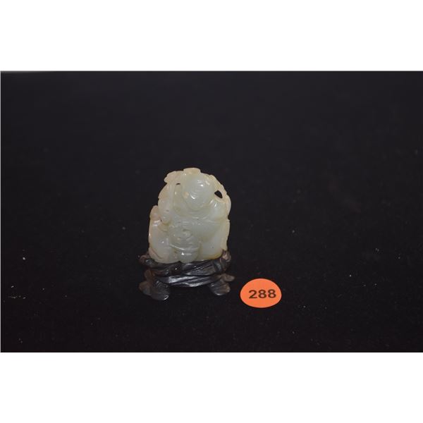 ANTIQUE CHINESE NEPHRITE WHITE JADE CARVING OF BOY & FLOWER BASKET W/WOOD STAND (2")