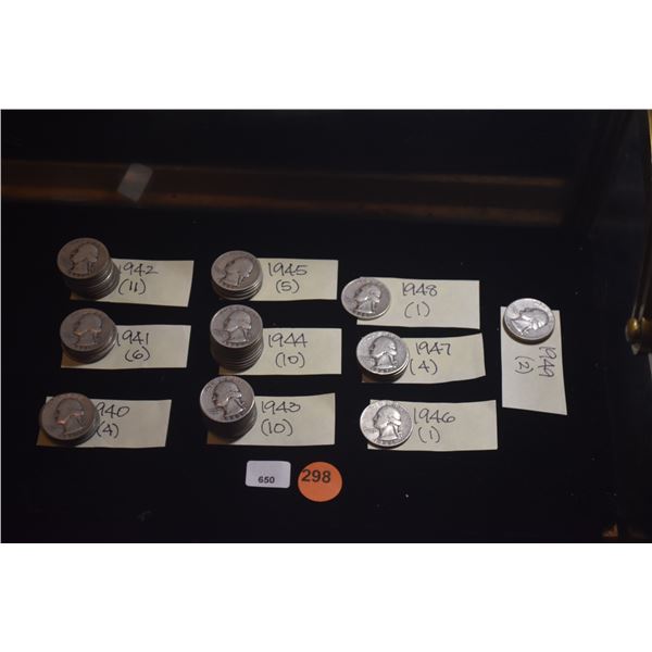 1940-1949 WASHINTON SILVER QUARTERS - 1940 (4), (1941 (6), 1942 (11),1943 (10), 1944 (10), 1945 (5),