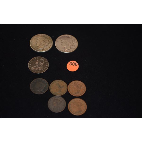1830 CAPPED BUST HALF DOLLAR, BRAIDED HAIR LARGE CENT, COPPER COINS (5) & PEACE SILVER DOLLARS (2) (
