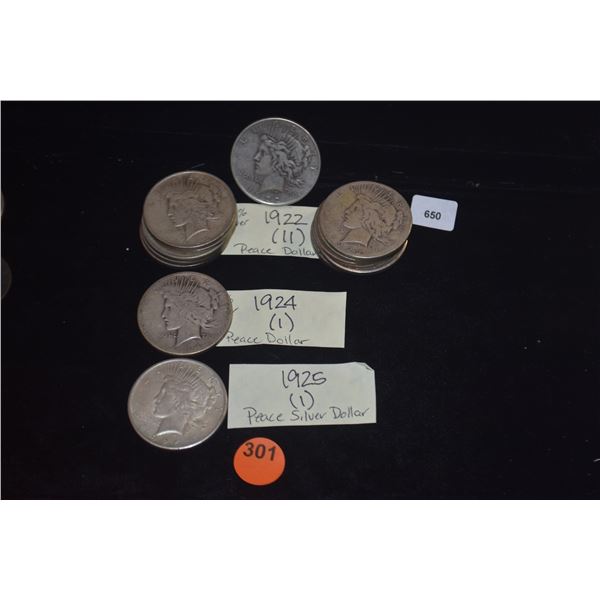 PEACE DOLLARS - 1922 (11), 1924 (1), 1925 (1) (13 PCS)
