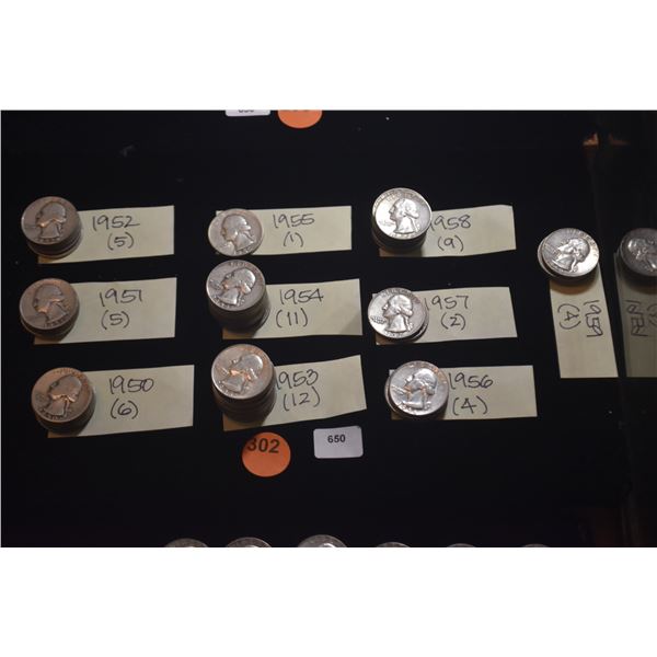 1950-1959 WASHINGTON SILVER QUARTERS - 1950 (6), 1951 (5), 1952 (5), 1953 (12), 1954 (11), 1955 (1),