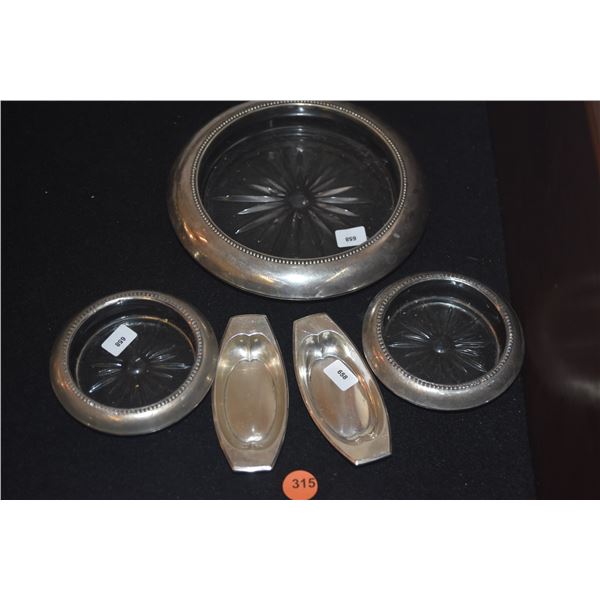STERLING NUT DISHES & STERLING & GLASS COASTERS (5 PCS)