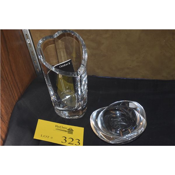 ORREFORS CRYSTAL CANDLE HOLDER & ORREFORS HEART VASE (2 PCS)