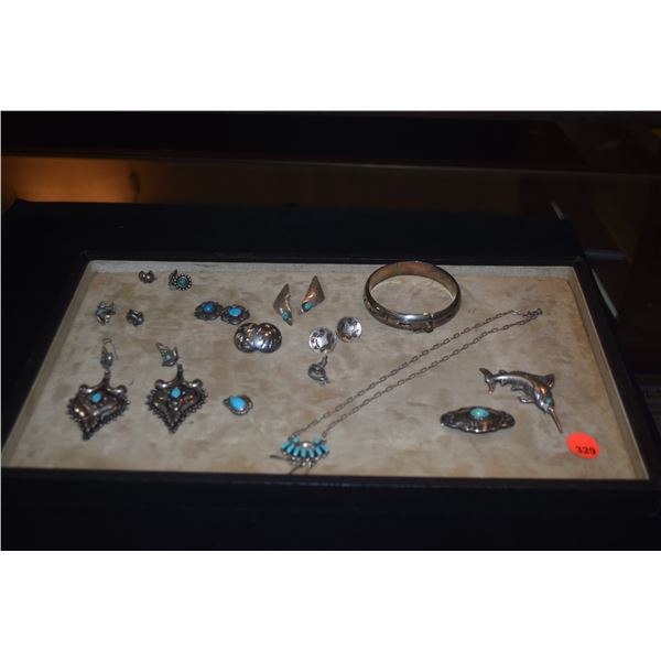 SILVER & TURQUOISE JEWELRY (SOME MARKED STERLING) (14 PCS)