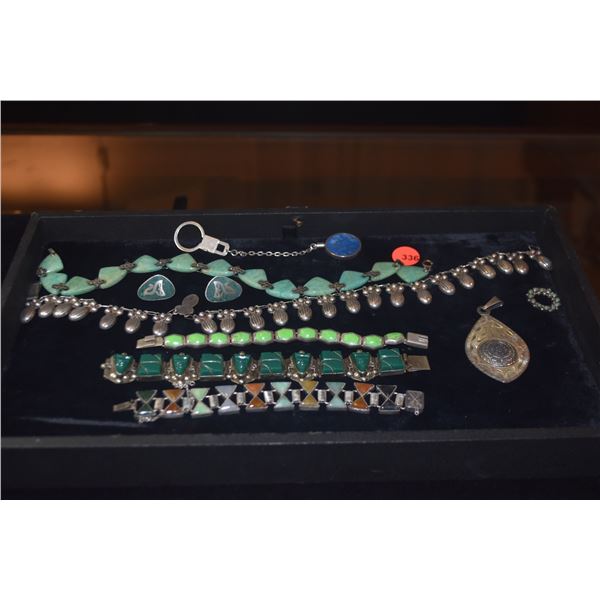 STERLING SILVER & MALACHITE, AGATE, LAPIS, ETC. JEWELRY (SOME MARKED MEXICO) (9 PCS)