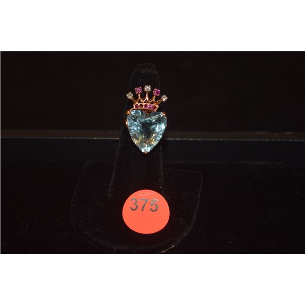 14K AQUAMARINE & RUBY (1 MISSING) & DIAMOND (3) RING, SIZE 5