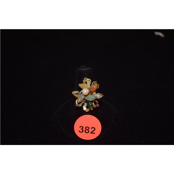 14K (TESTED) MULTICOLOR JADE & CULTURE PEARL RING, SIZE 5 (6.8 GTW)