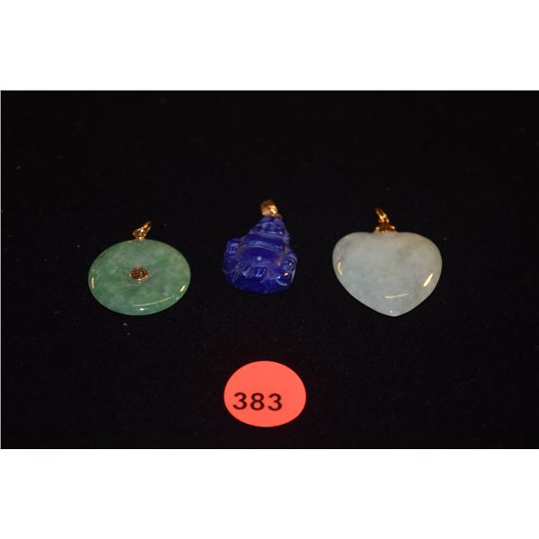 14K JADE PENDANTS & 14K CARVED LAPIS LAZULI PENDANT (3 PCS)
