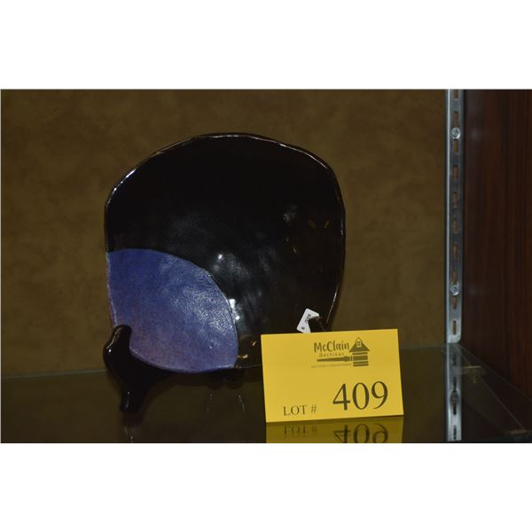 SMALL FOOTED PLATE W/BLACK & BLUE GLAZE; SIGNED HIGA (7 3/4" X 1 1/2") (DOES NOT INCLUDE STAND)