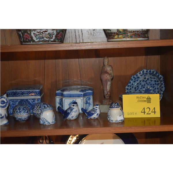 COLLECTION OF BLUE & WHITE BOXES, FIGURINES, SALT & PEPPER SHAKERS, PLATE & STONE BUDDHIST MONK FIGU