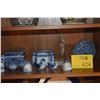 Image 1 : COLLECTION OF BLUE & WHITE BOXES, FIGURINES, SALT & PEPPER SHAKERS, PLATE & STONE BUDDHIST MONK FIGU
