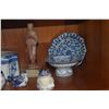 Image 2 : COLLECTION OF BLUE & WHITE BOXES, FIGURINES, SALT & PEPPER SHAKERS, PLATE & STONE BUDDHIST MONK FIGU