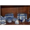 Image 3 : COLLECTION OF BLUE & WHITE BOXES, FIGURINES, SALT & PEPPER SHAKERS, PLATE & STONE BUDDHIST MONK FIGU