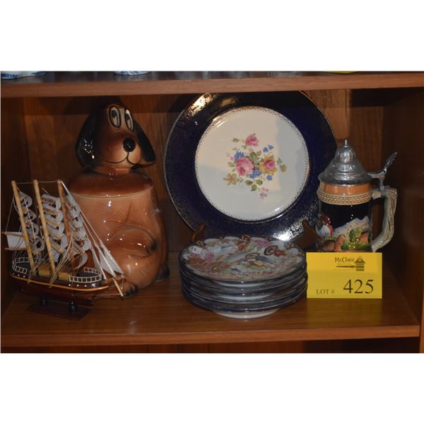 MIXED LOT: JAPANESE PORCELAIN PLATES, BEER STEIN, MODEL SHIP & VINTAGE MCCOY POTTERY MAC DOG COOKIE 