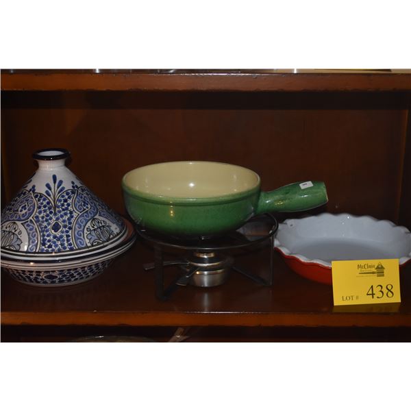 CLAY TAGINE, MID CENTURY LANDERT FONDUE POT W/STAND & EMILY HENRY PIE DISH (3 PCS)