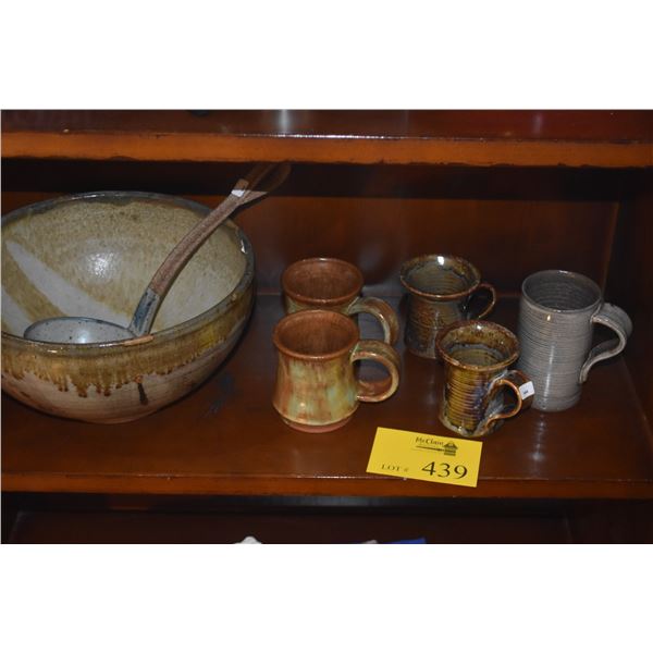 CERAMIC BOWL W/LADLE & ASSORTED CERAMIC MUGS (7 PCS)