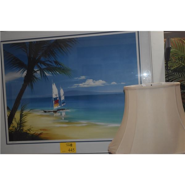FRAMED LITHOGRAPHIC PRINT, SAILBOAT ON SHORE; SIGNED 73/275 (40" X 33 1/4")
