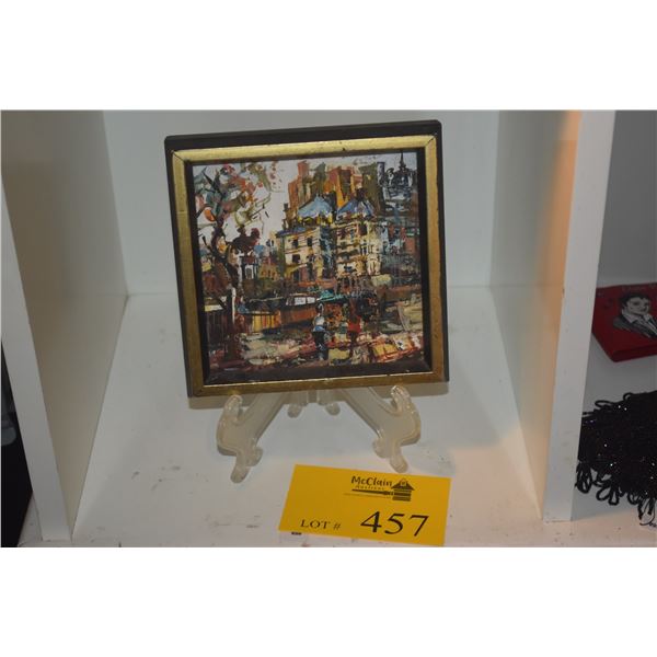 FRAMED OIL PAINTING, CITY SCAPE (7" X 7") (DOES NOT INCLUDE STAND)