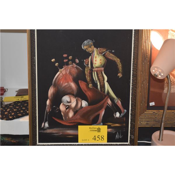 FRAMED VELVET PAINTING, BULL FIGHTER; SIGNED AL (15 1/2" X 12")