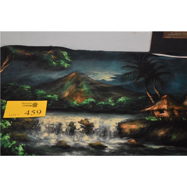 VELVET PAINTING, TROPICAL LANDSCAPE W/VOLCANO & HUTS; SIGNED (31 1/2" X 19 1/2")