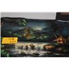 Image 1 : VELVET PAINTING, TROPICAL LANDSCAPE W/VOLCANO & HUTS; SIGNED (31 1/2" X 19 1/2")