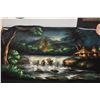 Image 2 : VELVET PAINTING, TROPICAL LANDSCAPE W/VOLCANO & HUTS; SIGNED (31 1/2" X 19 1/2")