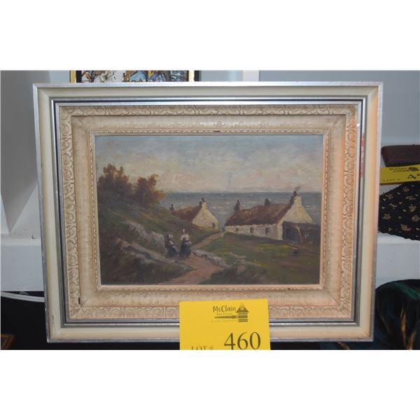 FRAMED PAINTING ON BOARD, COASTAL COTTAGE SCENE; SIGNED (15 1/4" X 12")