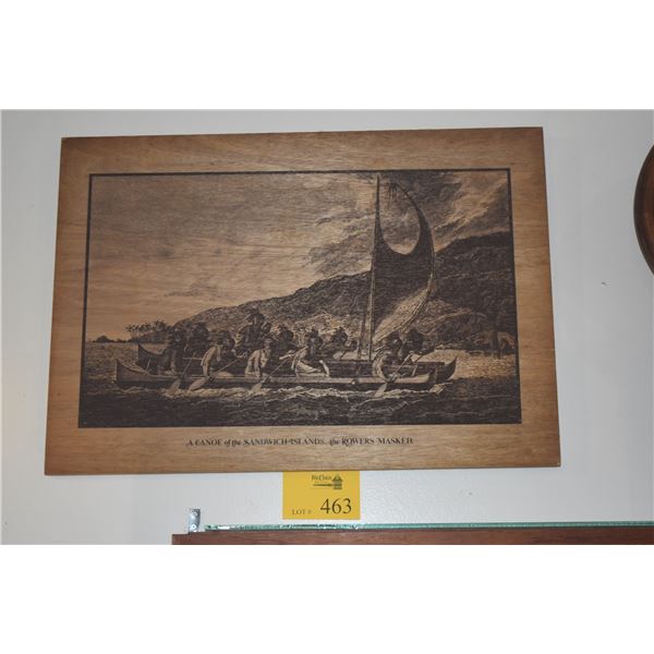LITHOGRAPH ON BOARD, "A CANOE OF SANDWICH ISLANDS, THE ROWERS MASKED" (28" X 19 1/2")