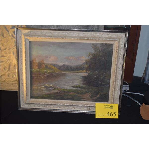 FRAMED OIL ON BOARD, LANDSCAPE W/RIVER; SIGNED (19 1/2 X 15 1/2")