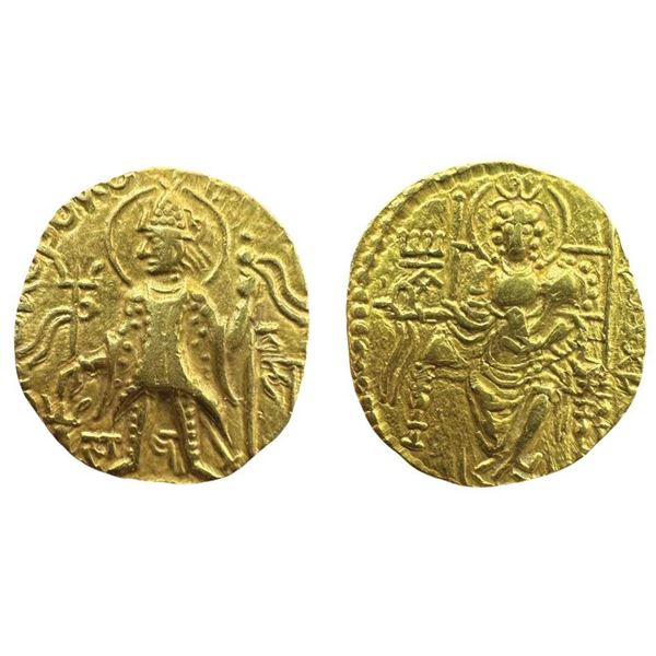Kushanas, Vasudeva III, Gold Dinar, 7.70g, King standing facing left, holding a trident in the right