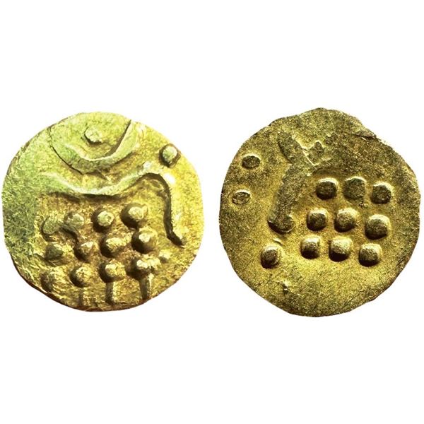 Malabar Cost, Veera Raya, Gold Fanam , 0.38g , Obv: Stylized Lion, cresent above, Rev: Stylized Boar