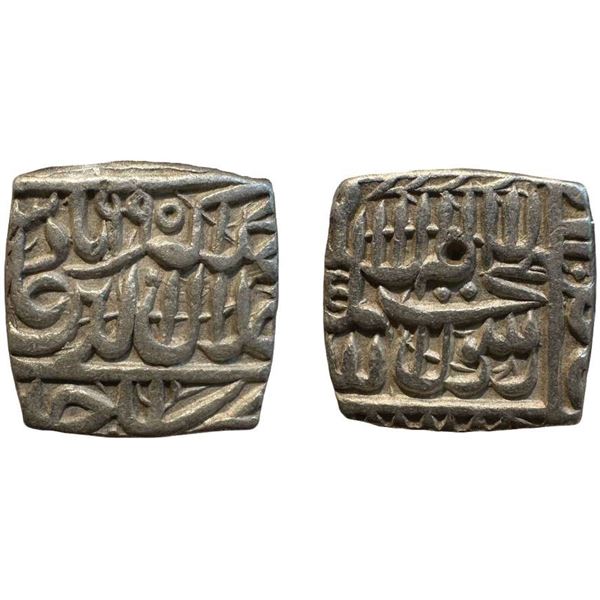 Akbar (1556-1605 AD), silver square rupee, Ujjain mint, AH 995, KM 82.7, 11.400g . About very fine,