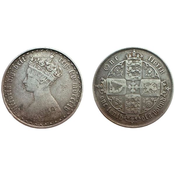 Foreign: Great Britain, Victoria, Silver Gothic Florin, 11g, 1858 (KM 746.1). Fine+