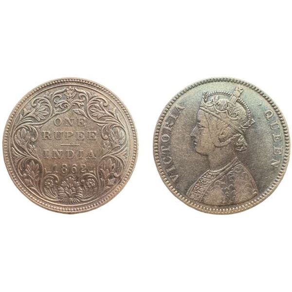 British  India Victoria Empress, Silver Rupee, 1862, 10 Dot Variety. Fine+.
