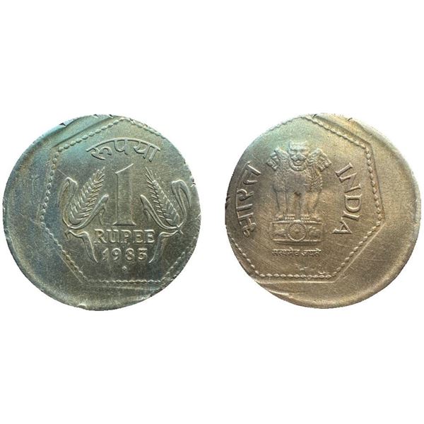 Republic India: One Rupee error coin, 1983, Bombay Mint (30% off center ). Very Fine.