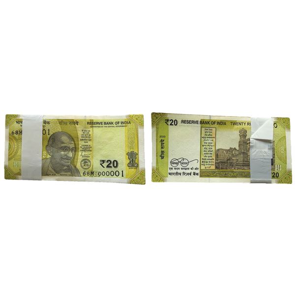Rupees 20 bundle 2020, signed Shaktikant Das, the bundle starts with a fancy number 000001 and ends
