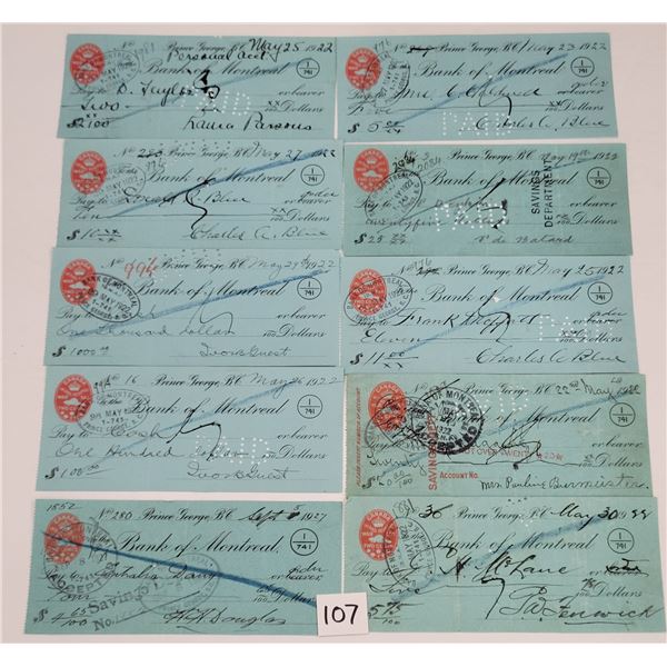Prince George, British Columbia Canada Bank Of Montreal Checks, Notes Approx. 65
