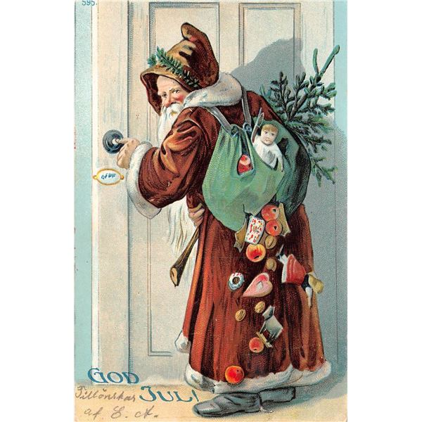 Santa Claus Ringing Door Bell Holiday Christmas Postcard