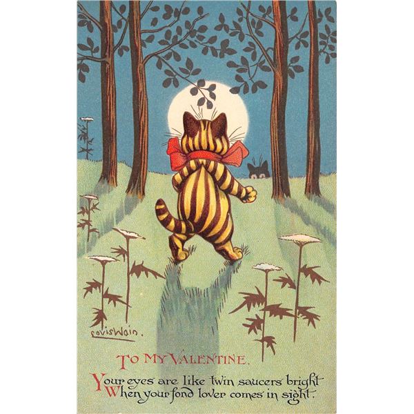 Louis Wain To My Valentine Cat in Moonlight Postcard