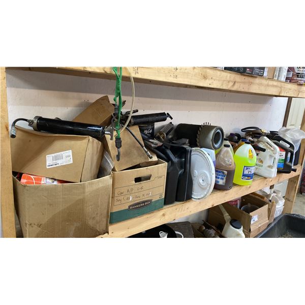 SHELF OF ASSORTED ITEMS INCLUDING; ALL SEASON CHAIN OIL, DECK & FENCE PRESSURE WASHER DETERGENT,