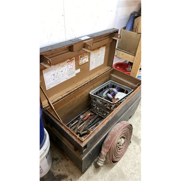 KNAACK METAL JOB BOX WITH ASSORTED CONTENTS INCLUDING; FIRE HOSE, JACKHAMMER BITS, INDUSTRIAL